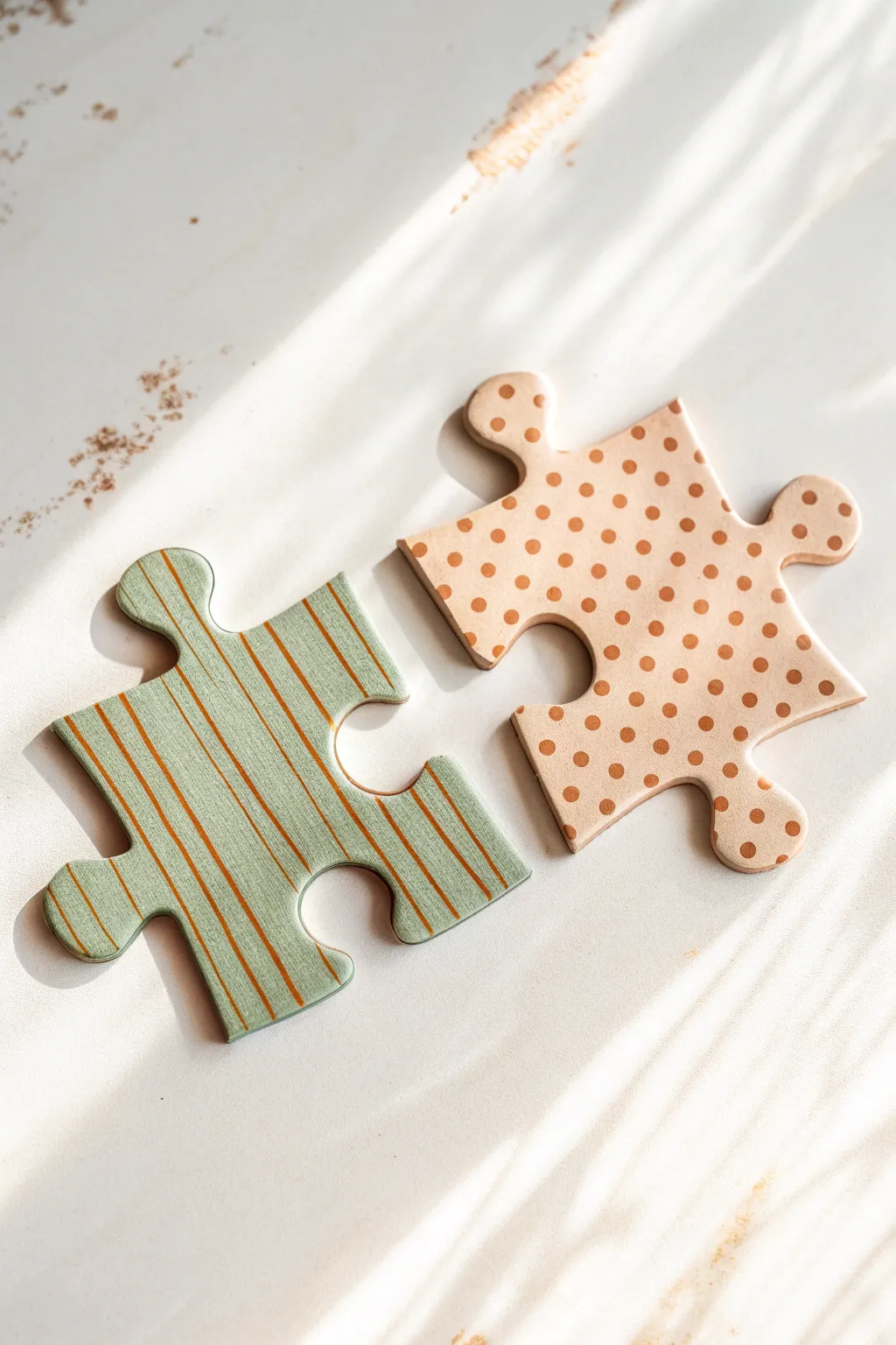 Two patterned puzzle pieces click into place, a simple minimalist symbol of connection