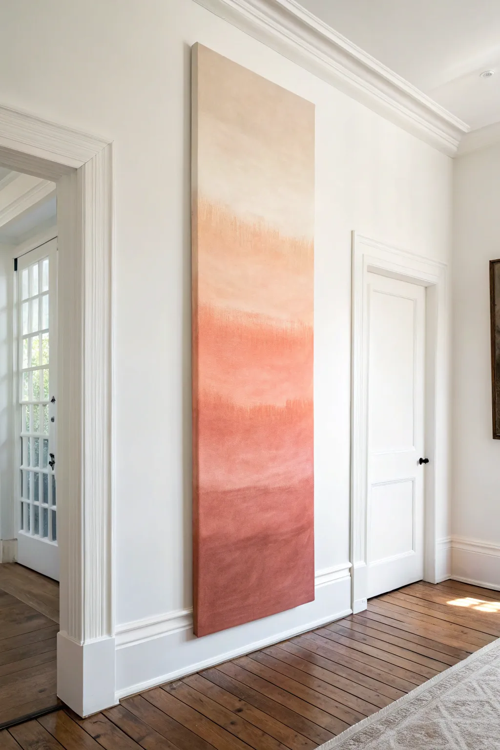 Modern ombré gradient panel for a serene entryway, minimal yet warm and handmade feel