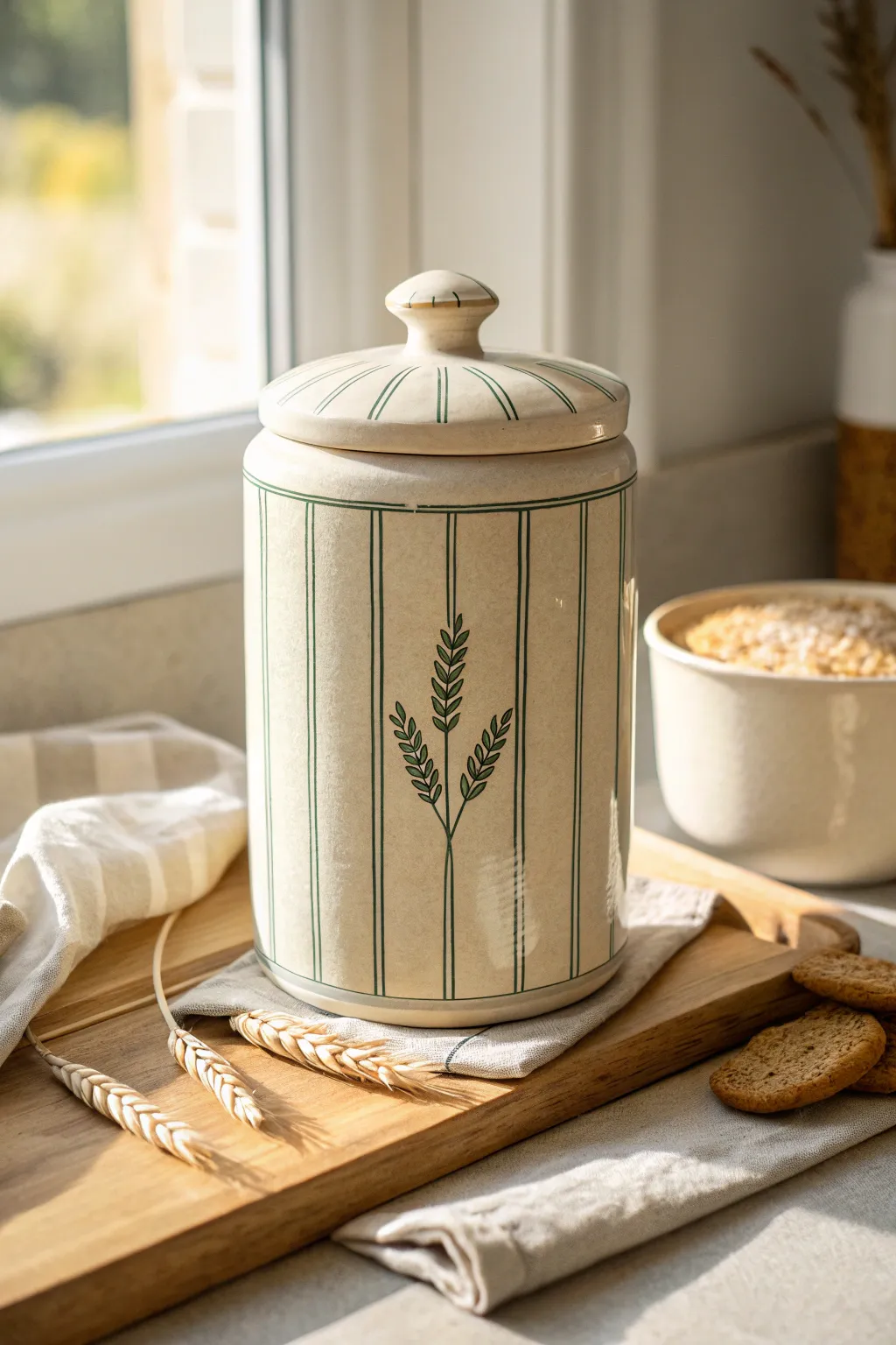 Farmhouse stripes meet wheat-stem charm on a cozy neutral cookie jar for easy painting.