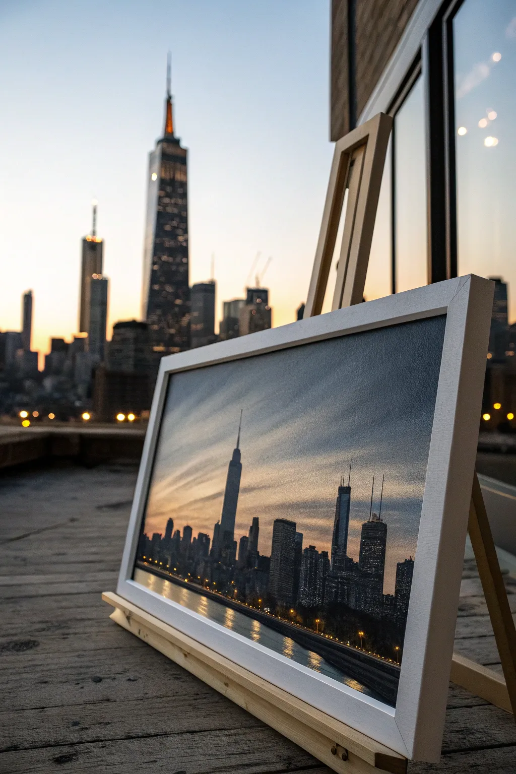 Minimal dusk skyline on canvas, deep blues and glowing windows for an easy, modern guy-friendly idea