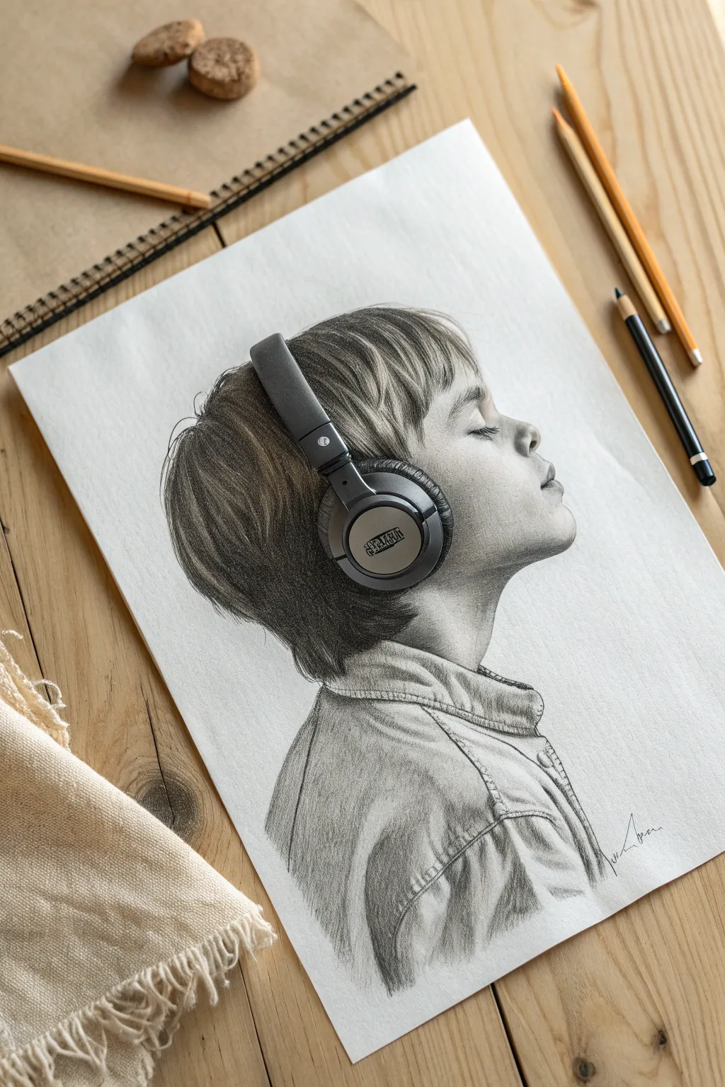 Capture the rhythm with this serene profile sketch of a music lover lost in sound.