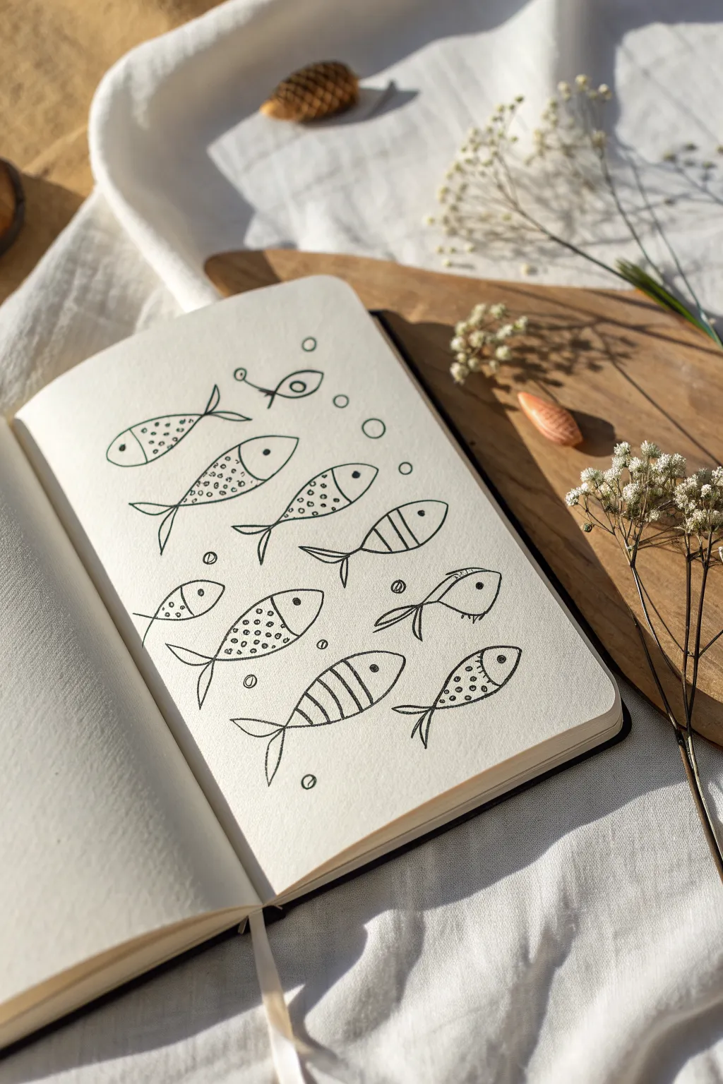 A soothing swirl of tiny fish doodles in simple ink lines for calming sketchbook practice