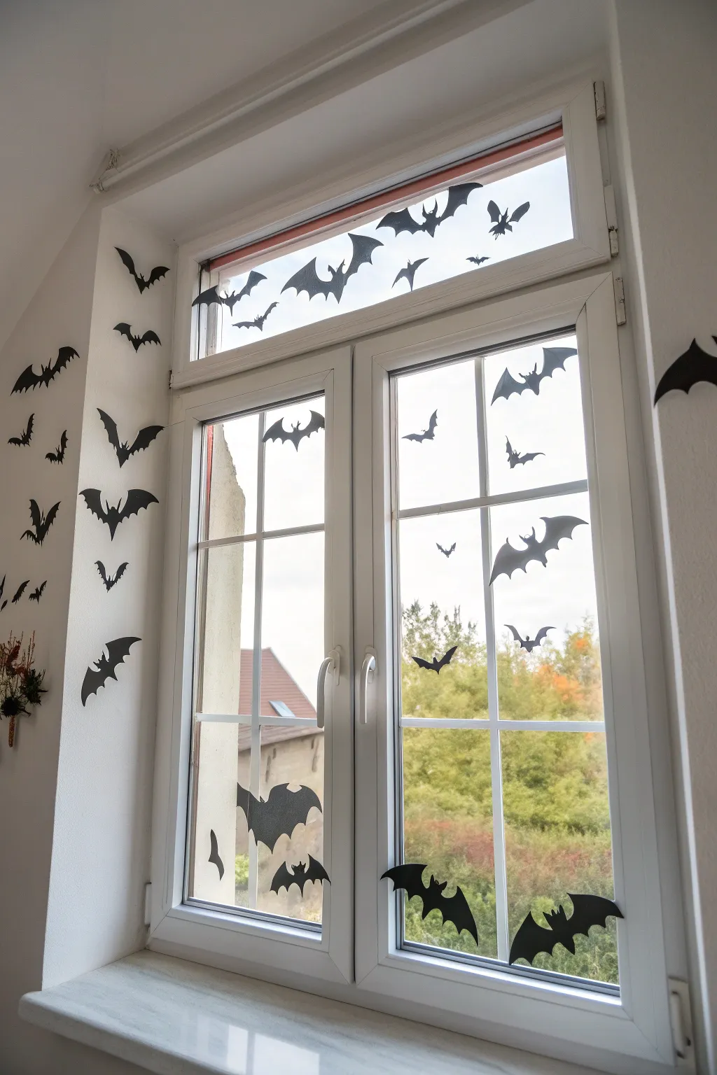Minimal bat swarm window paint along top pane, chic Halloween decor with soft boho vibe