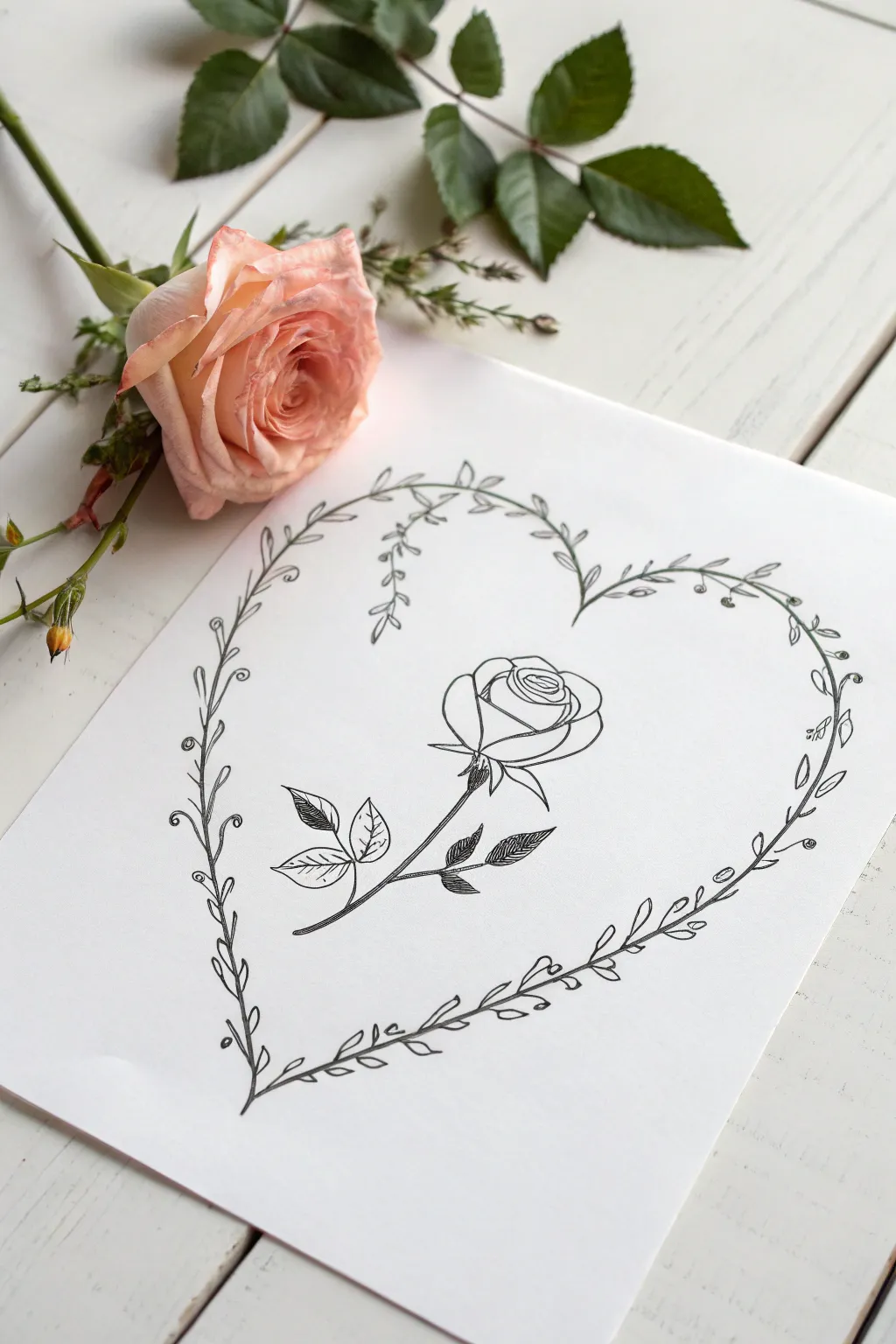 Elegant rose-vine heart frame in clean ink linework, minimalist boho and high contrast.