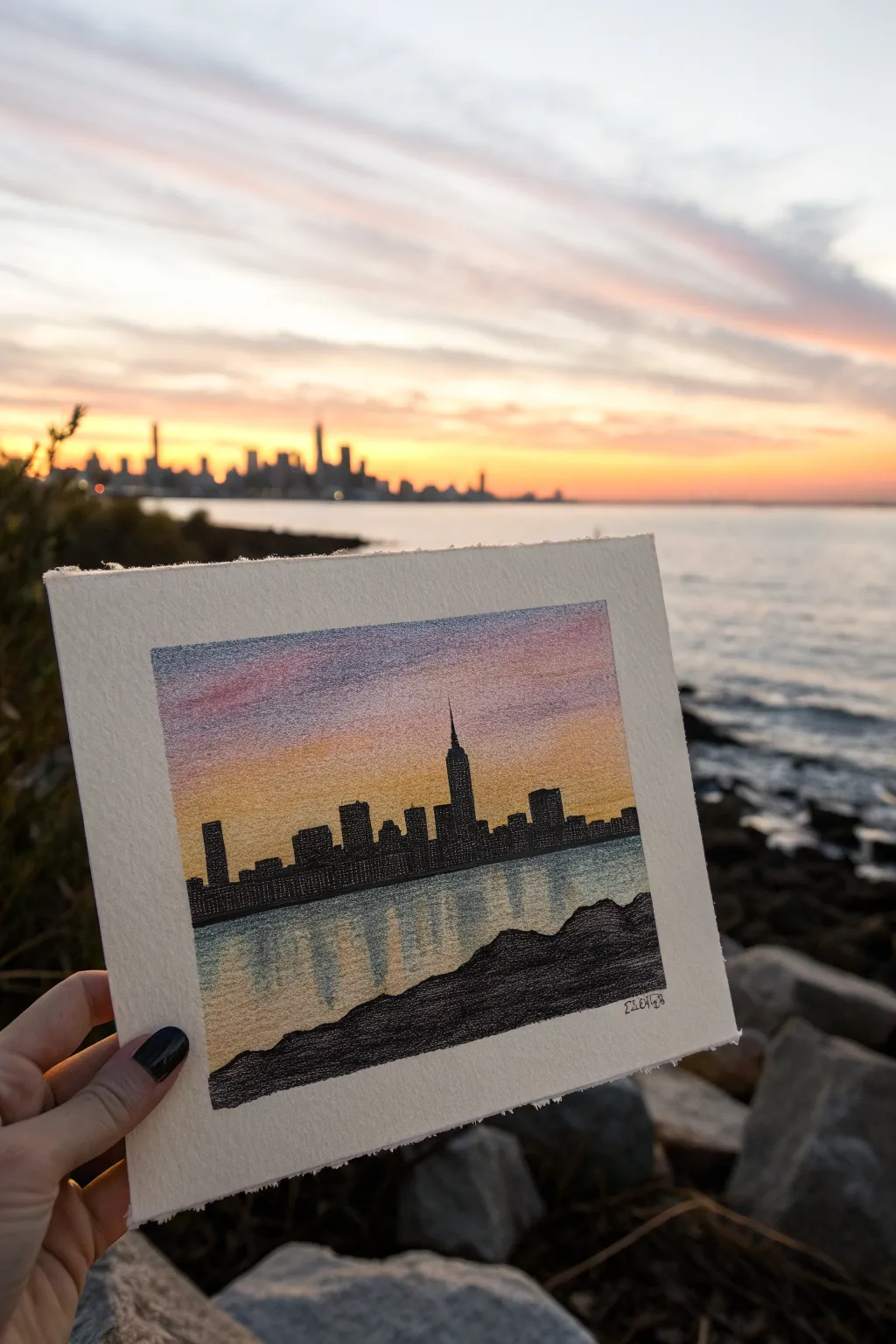 Simple oil pastel skyline at dusk: bold silhouettes, soft gradient sky, tiny golden windows