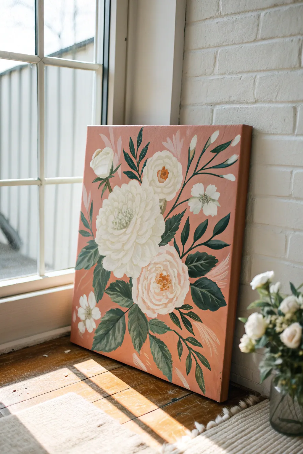 Loose white florals on a bold terracotta block for an instant modern, boho pop today