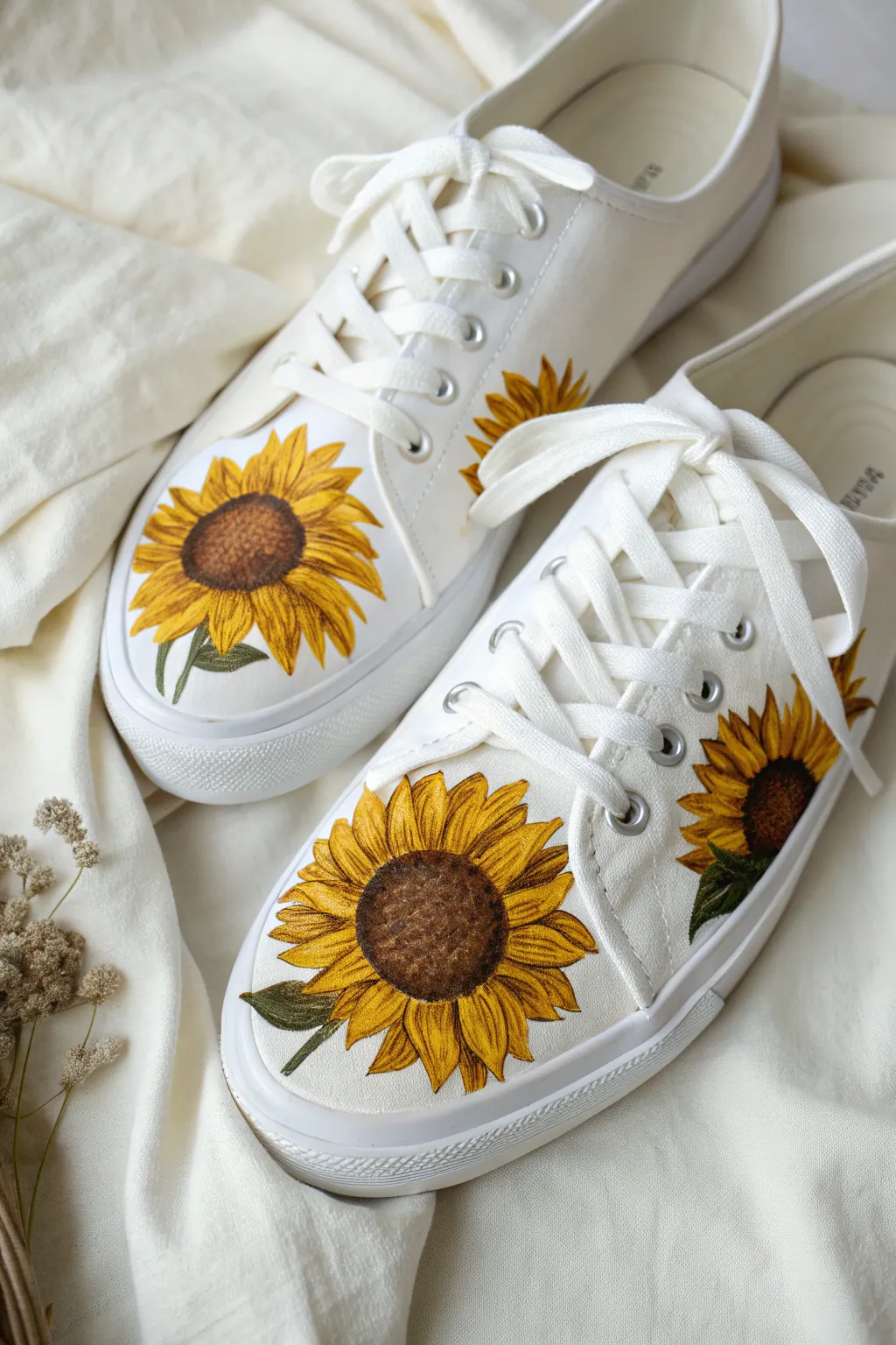 Bold sunflower toe caps on crisp white sneakers, a cheerful minimalist shoe painting idea