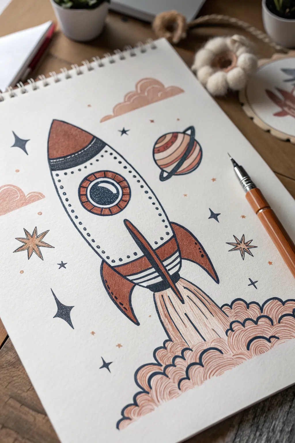Retro rocket blast-off drawing idea with bold flames, soft smoke, and tiny stars in minimal style