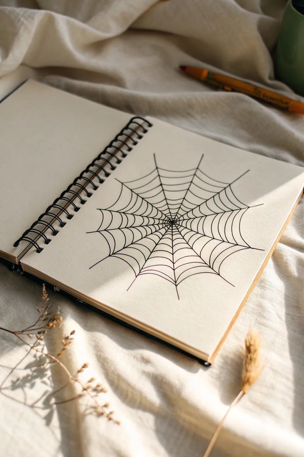 Spiral Web Twist: a minimalist spider web drawing that melts into a calming spiral pattern