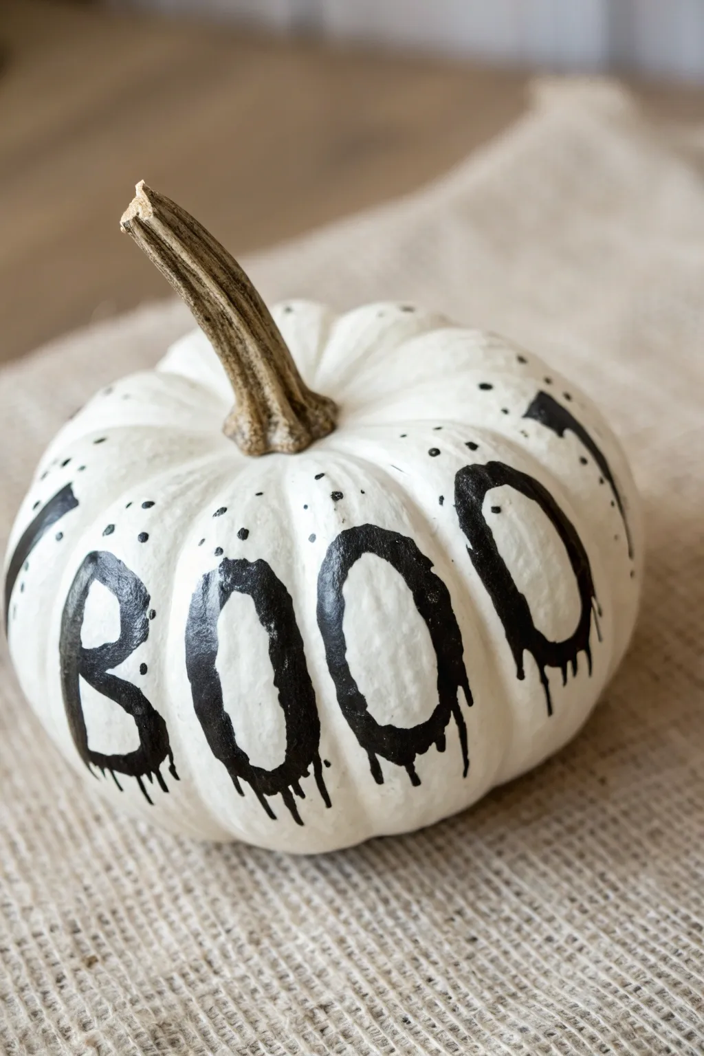 Minimal white pumpkin with bold black faux lettering strokes and drips, spooky yet chic