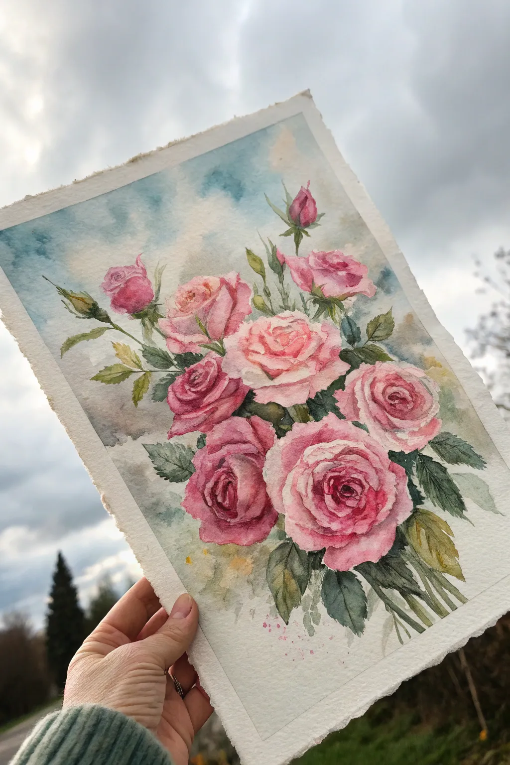 Soft coquette roses in pastel pink, floating on a creamy cloud wash, minimal and dreamy.