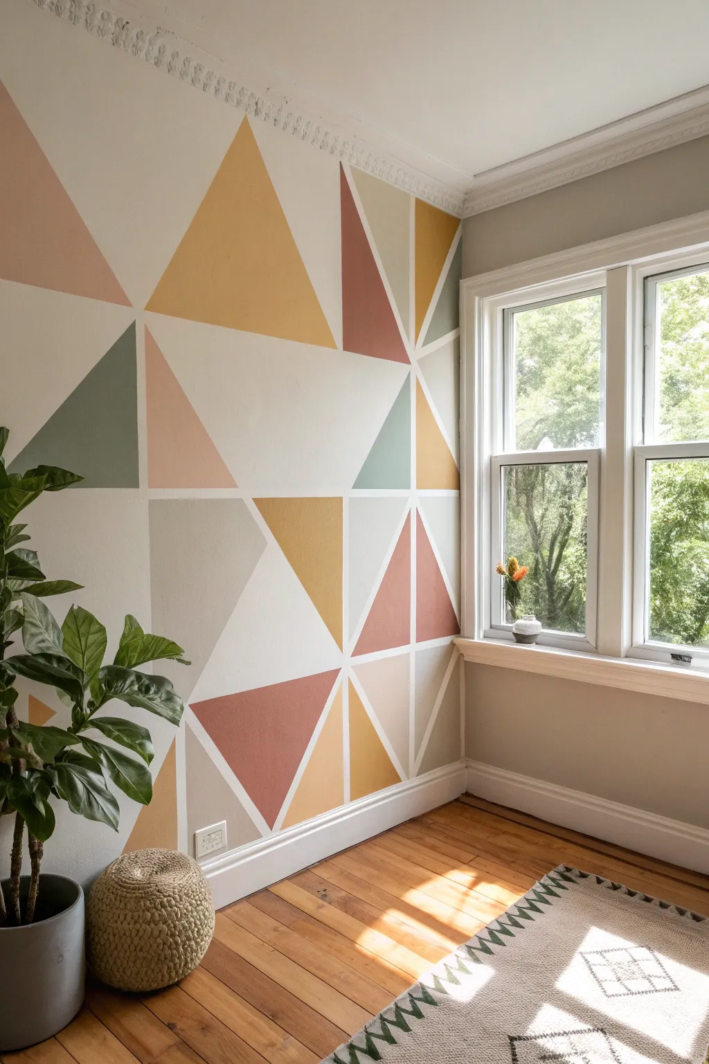 Crisp taped triangles in soft boho tones radiate into the corner for bold, graphic impact.