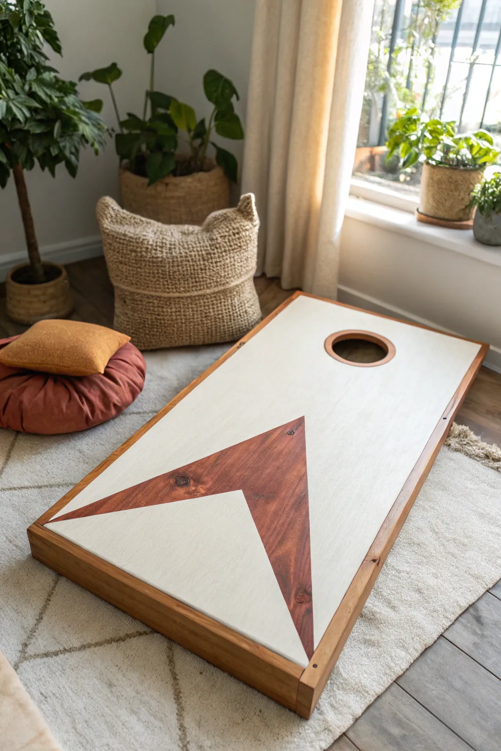 Minimalist cornhole board design with taped triangle target guiding every toss today