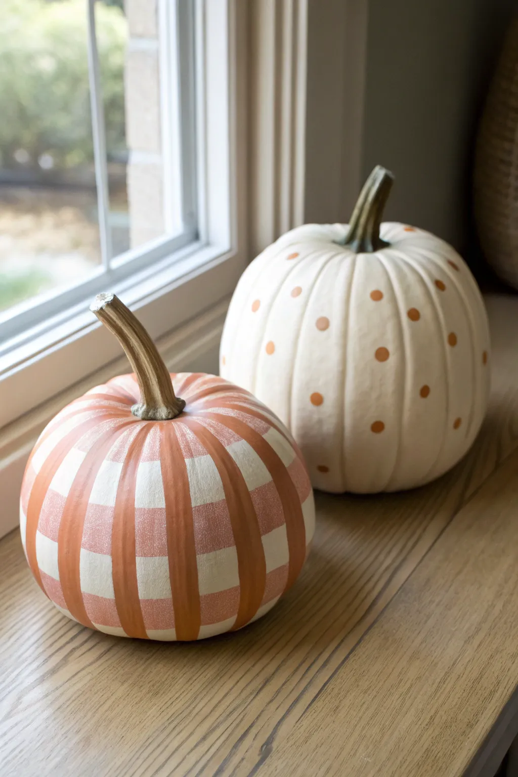 His-and-hers pumpkins in matching tones: crisp plaid stripes paired with playful polka dots.
