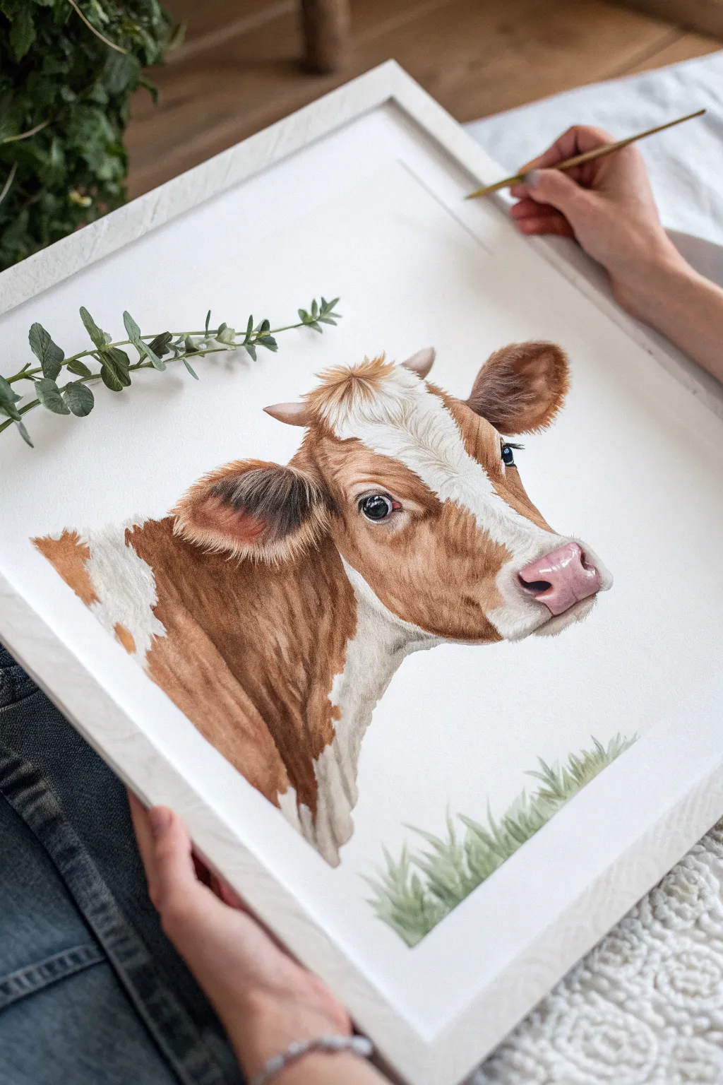 Curious cow peeking from the left, minimalist boho style with airy negative space.