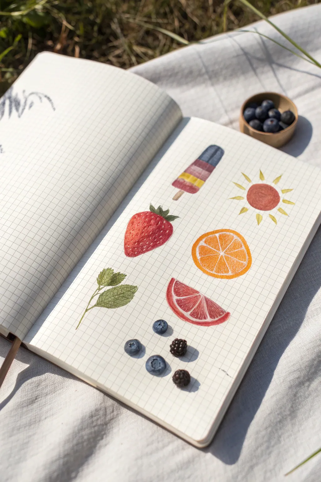 Bright crayon food miniatures in a clean grid, crisp light and shadows for playful contrast