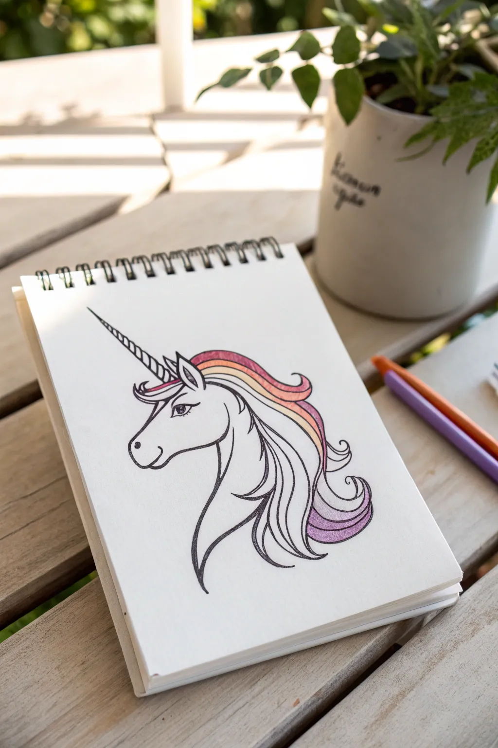 Easy unicorn profile with rainbow ribbon mane, perfect creative drawing idea for 10-year-olds.