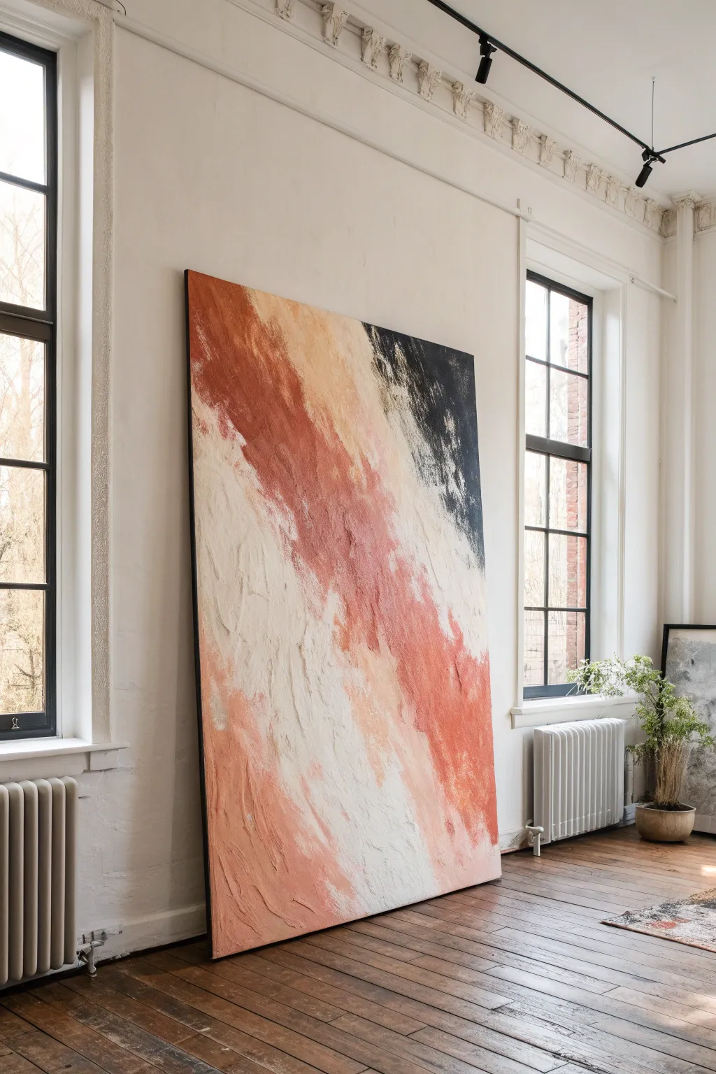 Bold abstract canvas with oversized brushstrokes, tactile texture, and a few raw drips