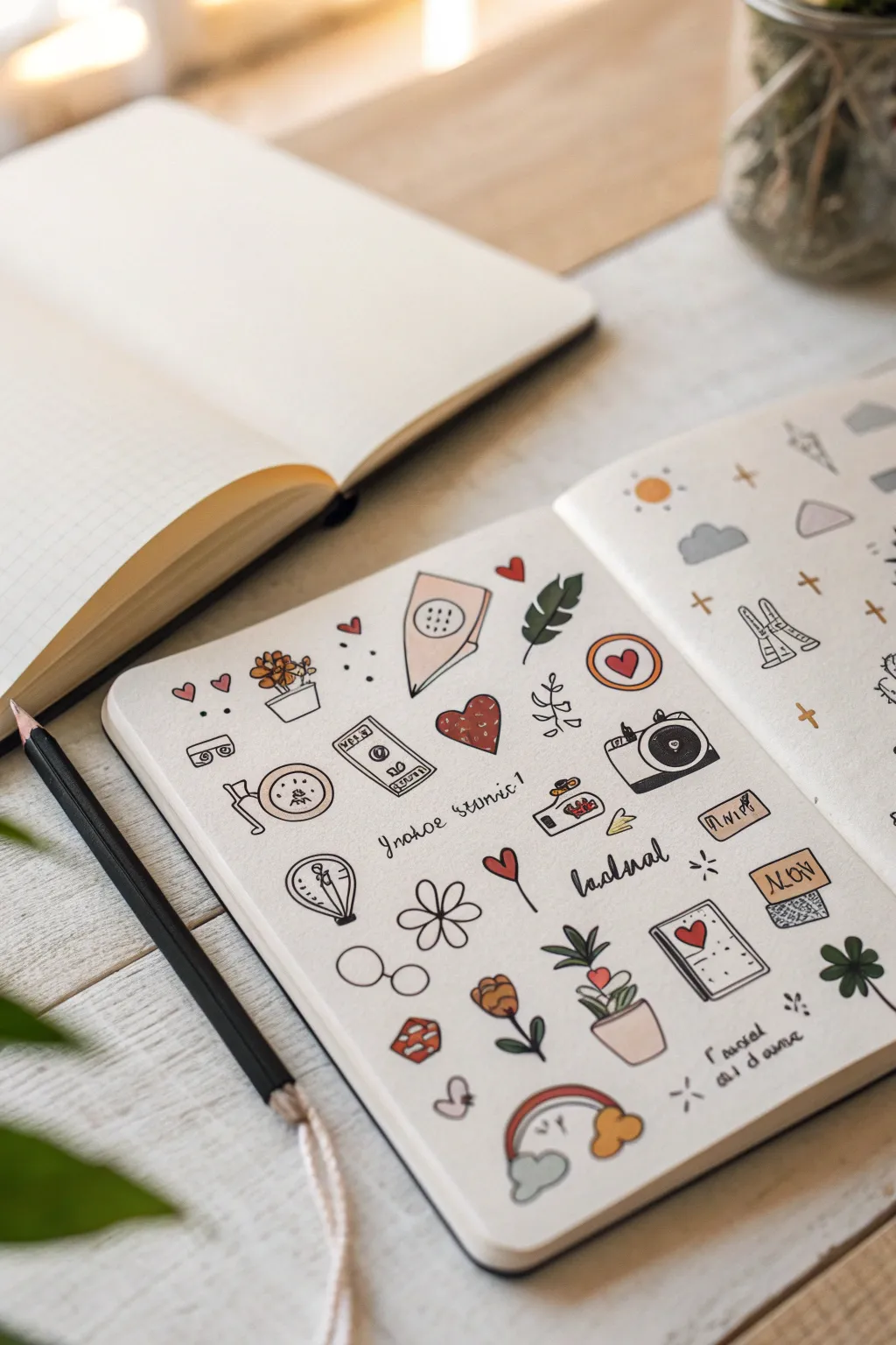 Minimal sticker sheet of sketchbook doodles, a few peeled onto a journal for DIY printing fun.