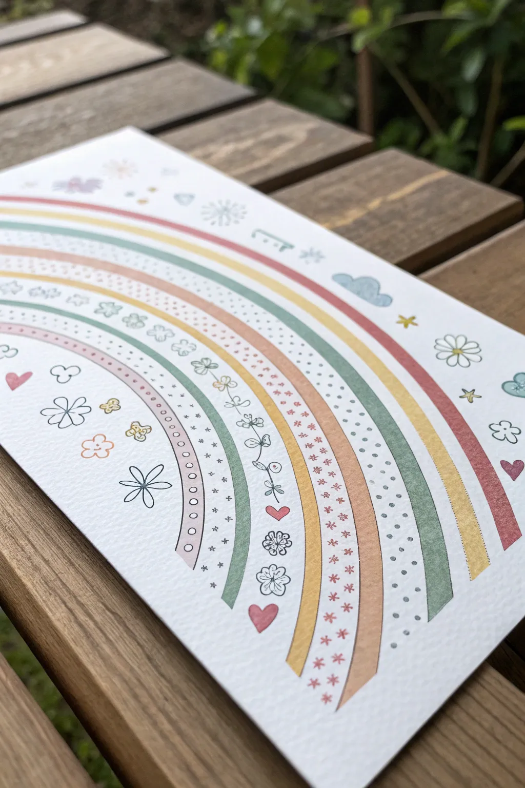 Doodle-filled rainbow bands with tiny patterns, a playful minimalist drawing idea with boho charm