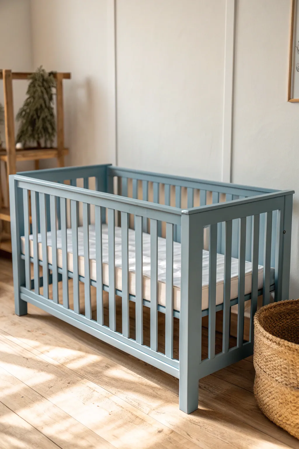 Dusty blue crib with classic lines and warm wood accents for a timeless nursery look