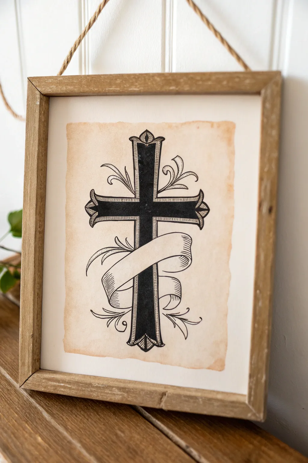 Minimal cross sketch with flowing blank ribbon, perfect for adding names or verses