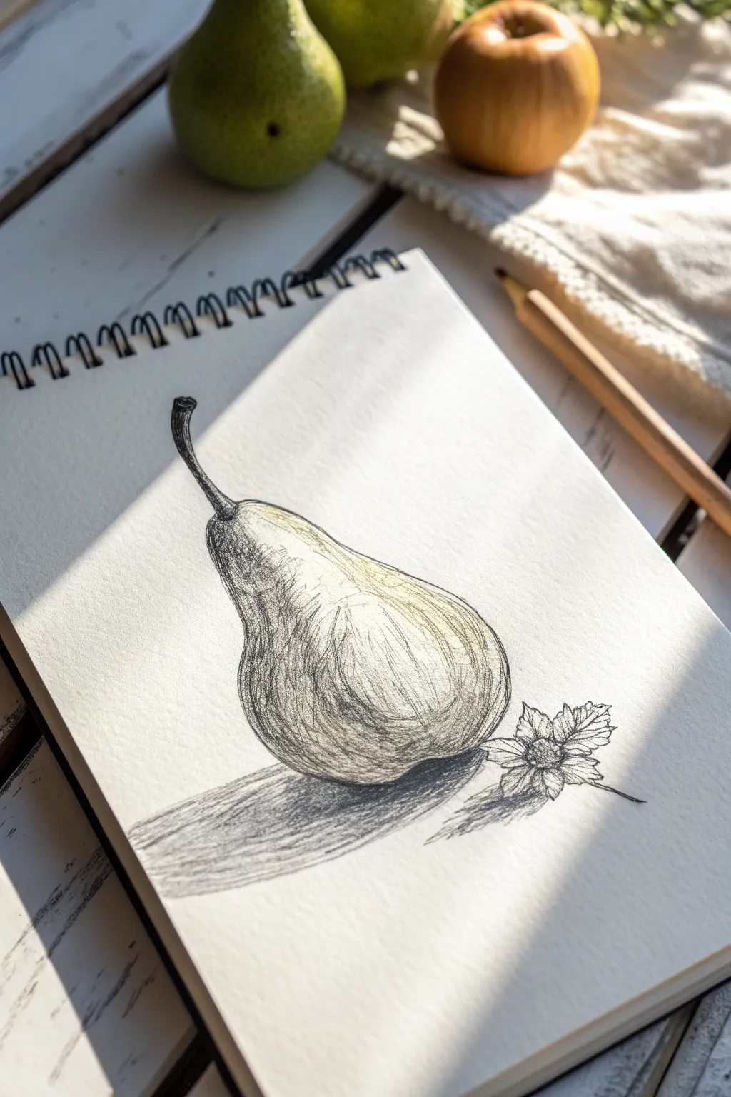 Contour cross-hatched pear study, clean lines and soft shadow for minimalist sketch practice