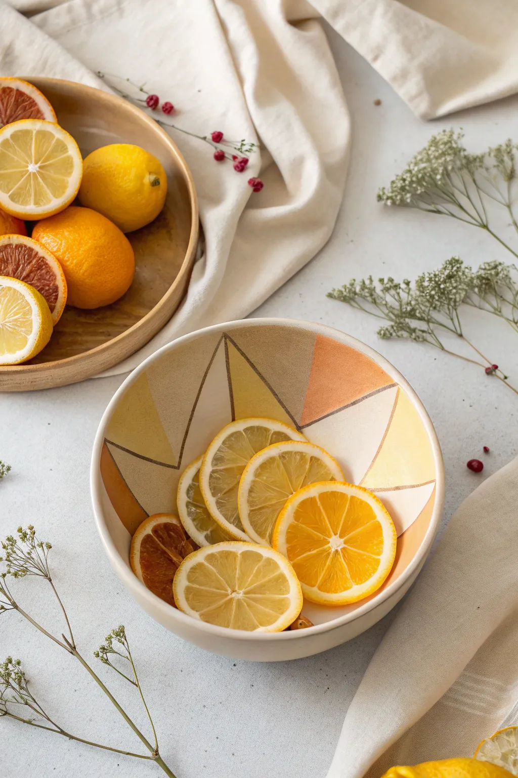 Cubist citrus bowl in split planes, vivid wedges against calm neutrals for minimalist boho charm.