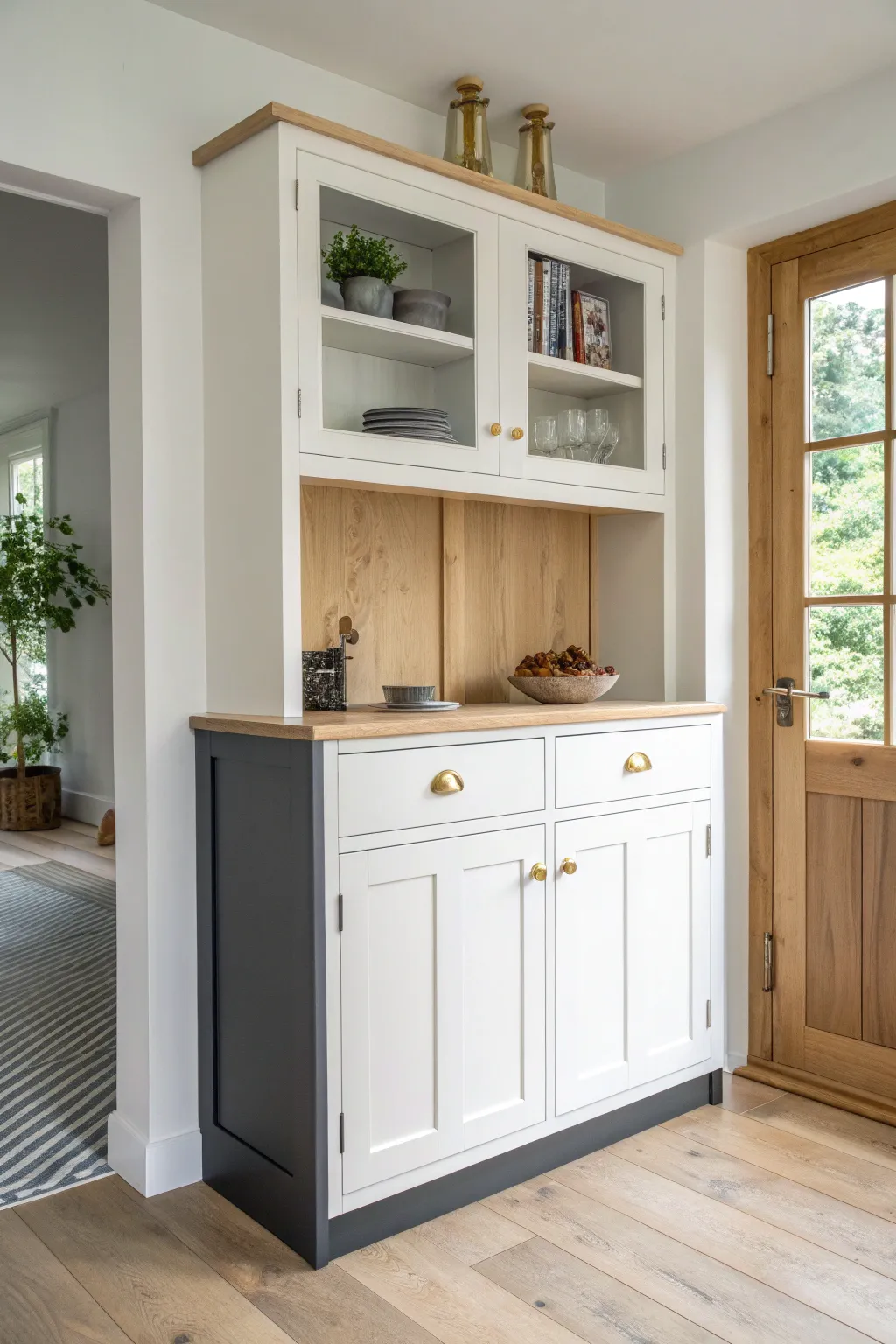 Two-tone cupboards with light uppers and deep lowers create balanced contrast and a calm modern look