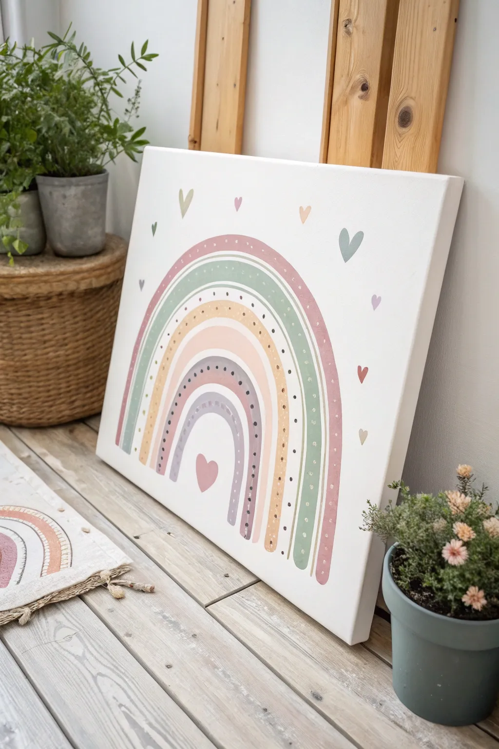 Soft rainbow arc canvas with floating hearts, minimalist boho charm for cute painting ideas.