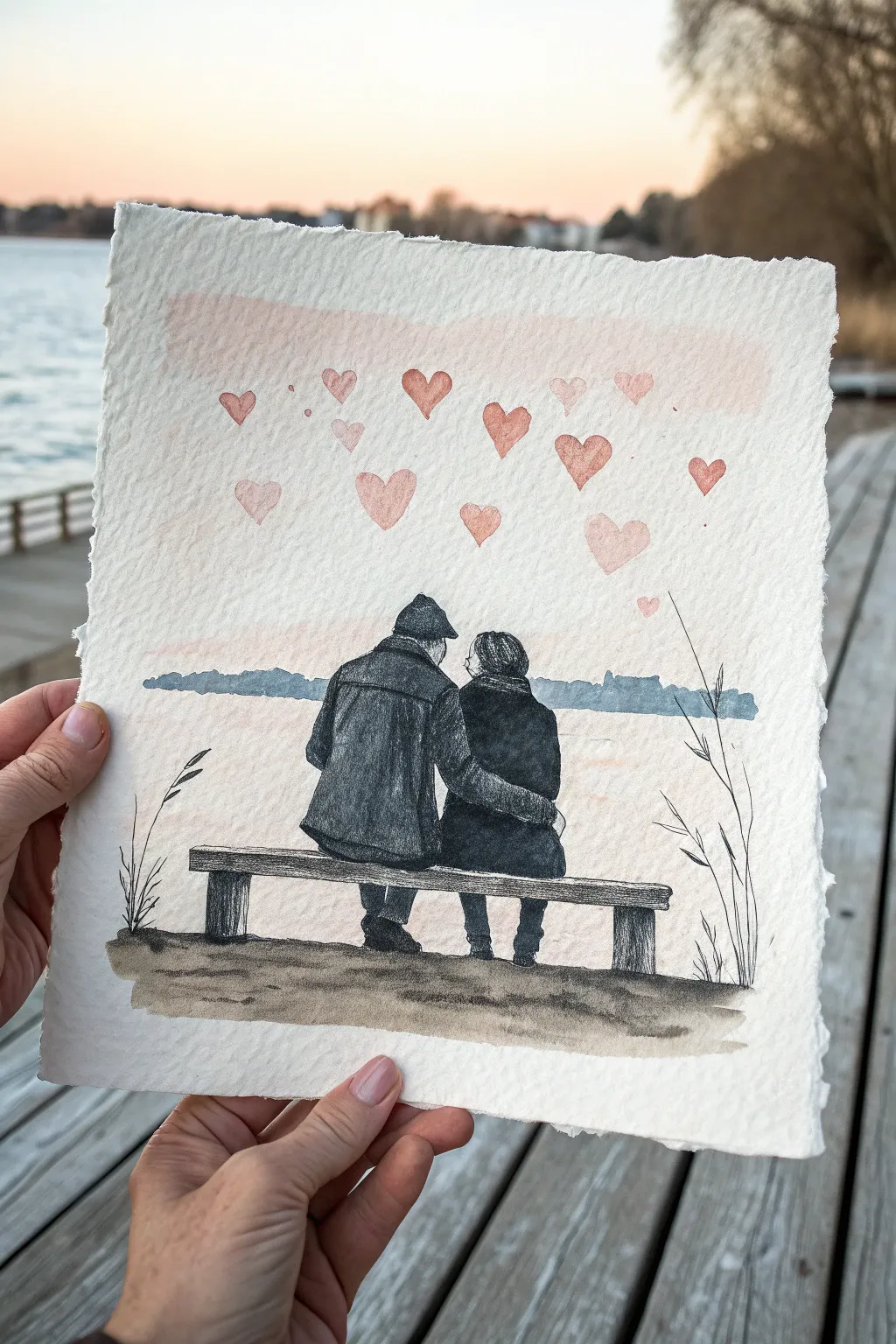Minimal bench cuddle silhouette with tiny floating hearts, a sweet couple painting idea