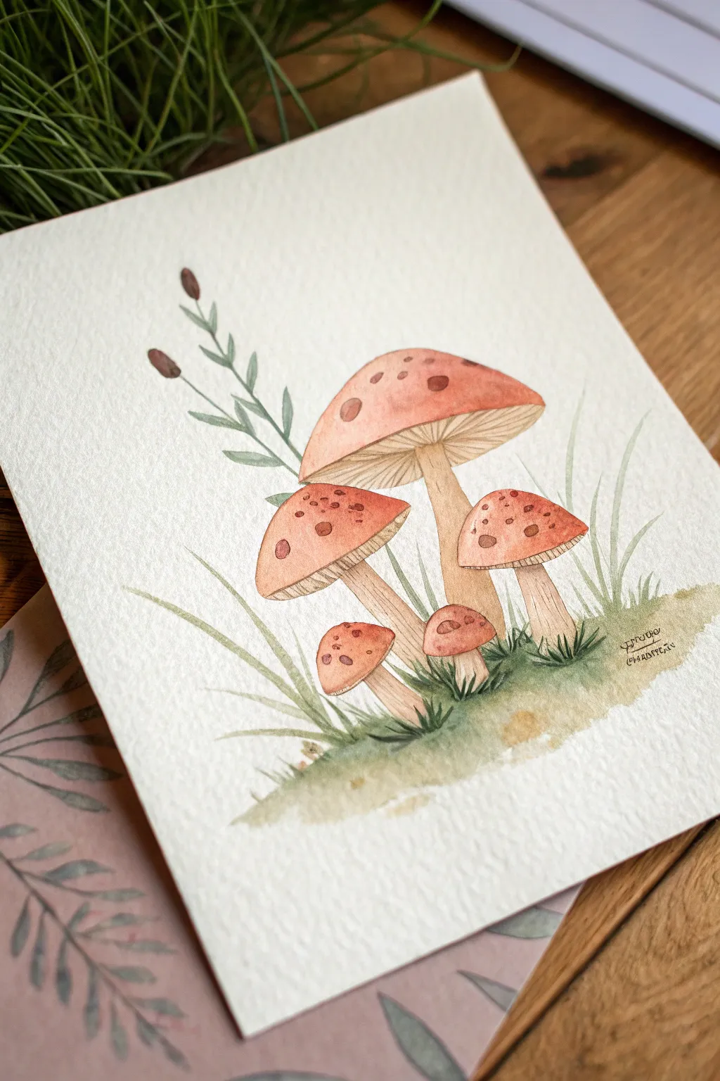 Tiny mushroom family cluster with rosy cheeks, minimal Scandinavian watercolor charm