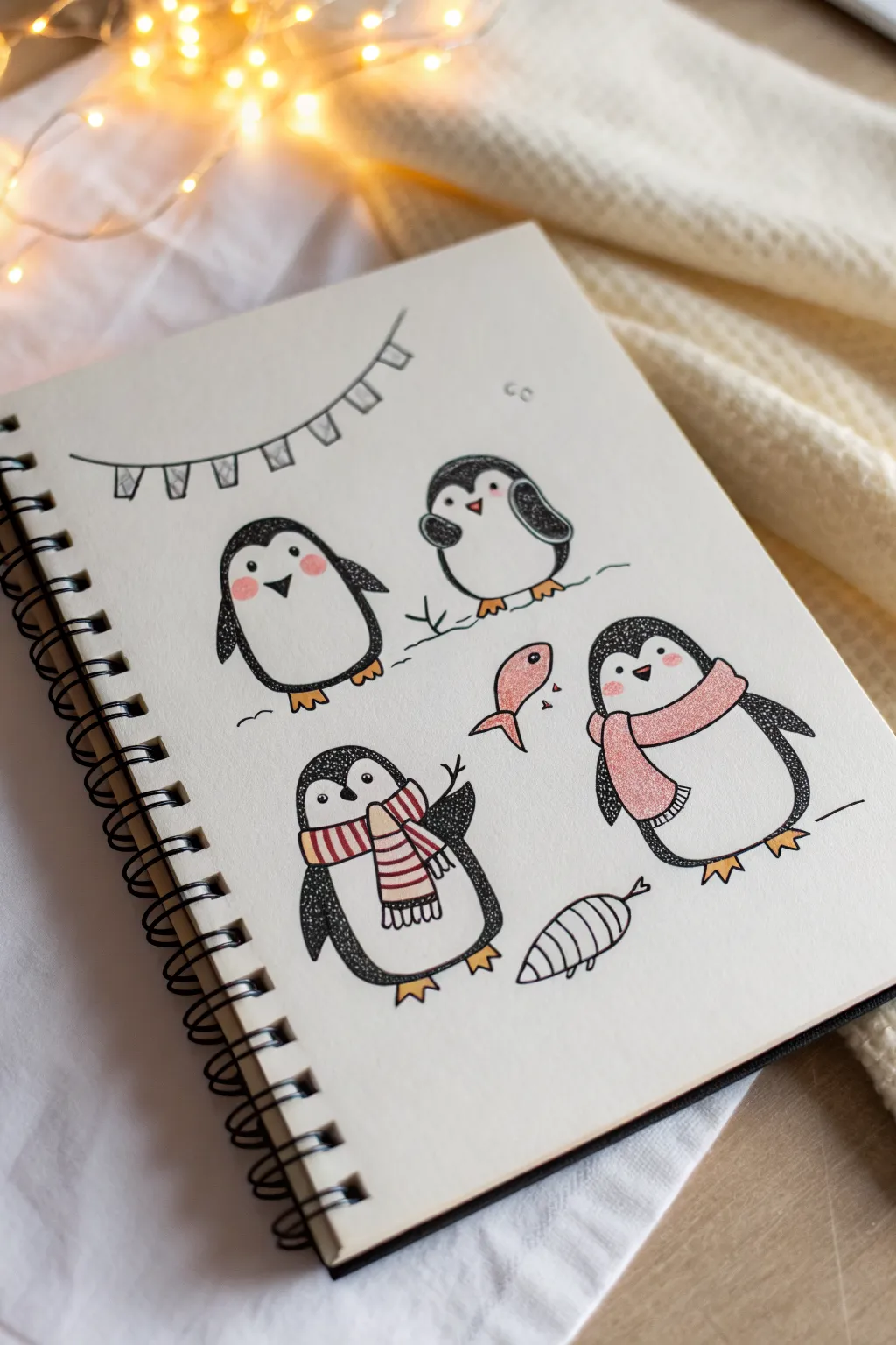 Simple oval penguin doodles in tiny poses, bold black-and-white with a soft blush touch