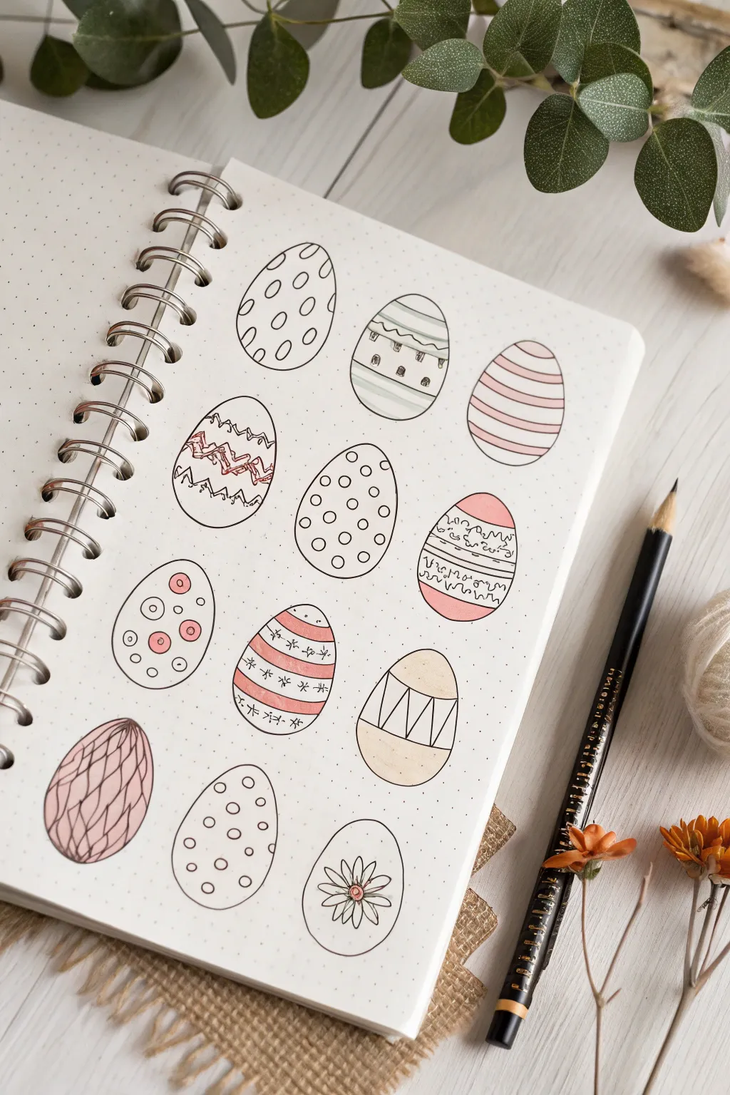 Cute Easter egg pattern sampler page in soft pastels, minimalist motifs, and clean Scandinavian vibes