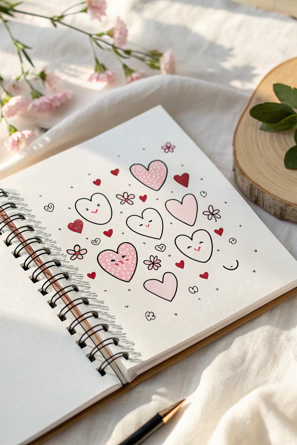 Airy cluster of tiny kawaii hearts with blush cheeks, perfect for cute easy doodle ideas