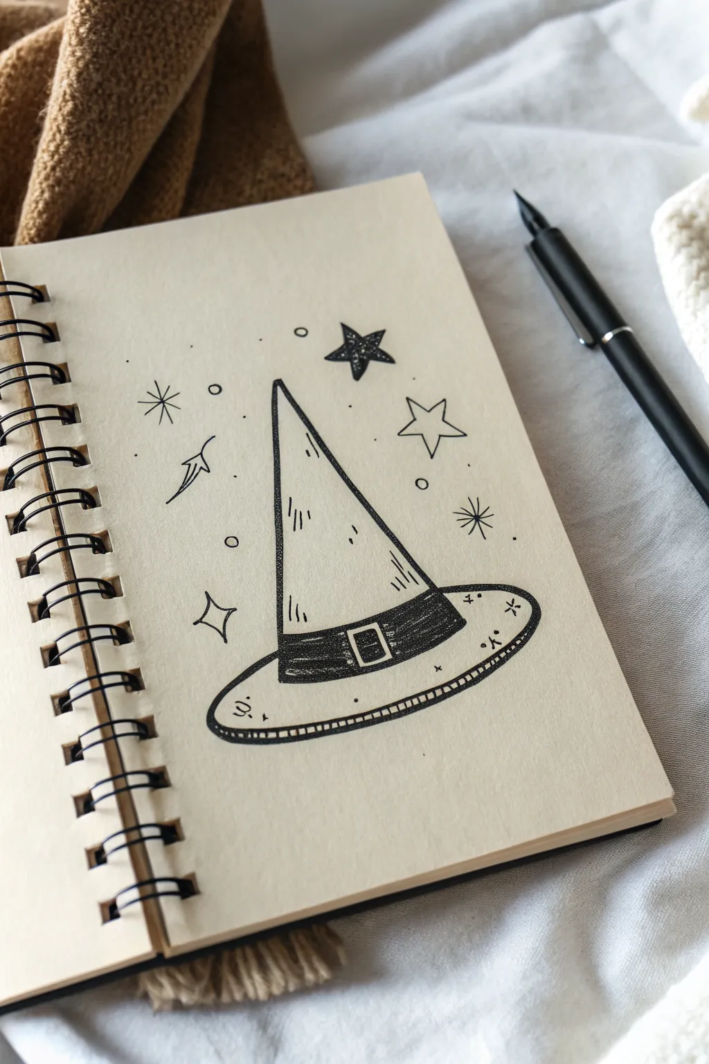 Simple witch hat doodle with tiny stars, bold lines, perfect for easy Halloween sketching.