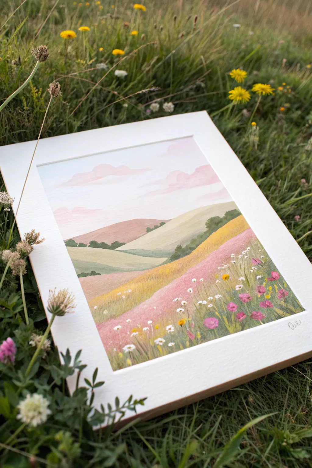 Dotted wildflower hills in soft pastels, a sweet minimal painting idea with effortless charm.