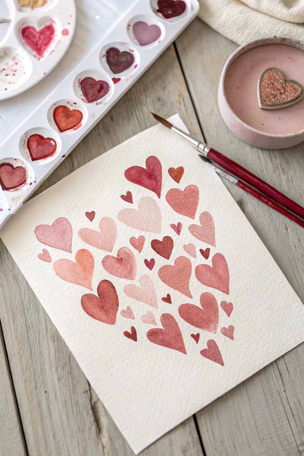 Easy heart cluster in blush and red watercolor, minimalist and cozy with charming handmade edges.