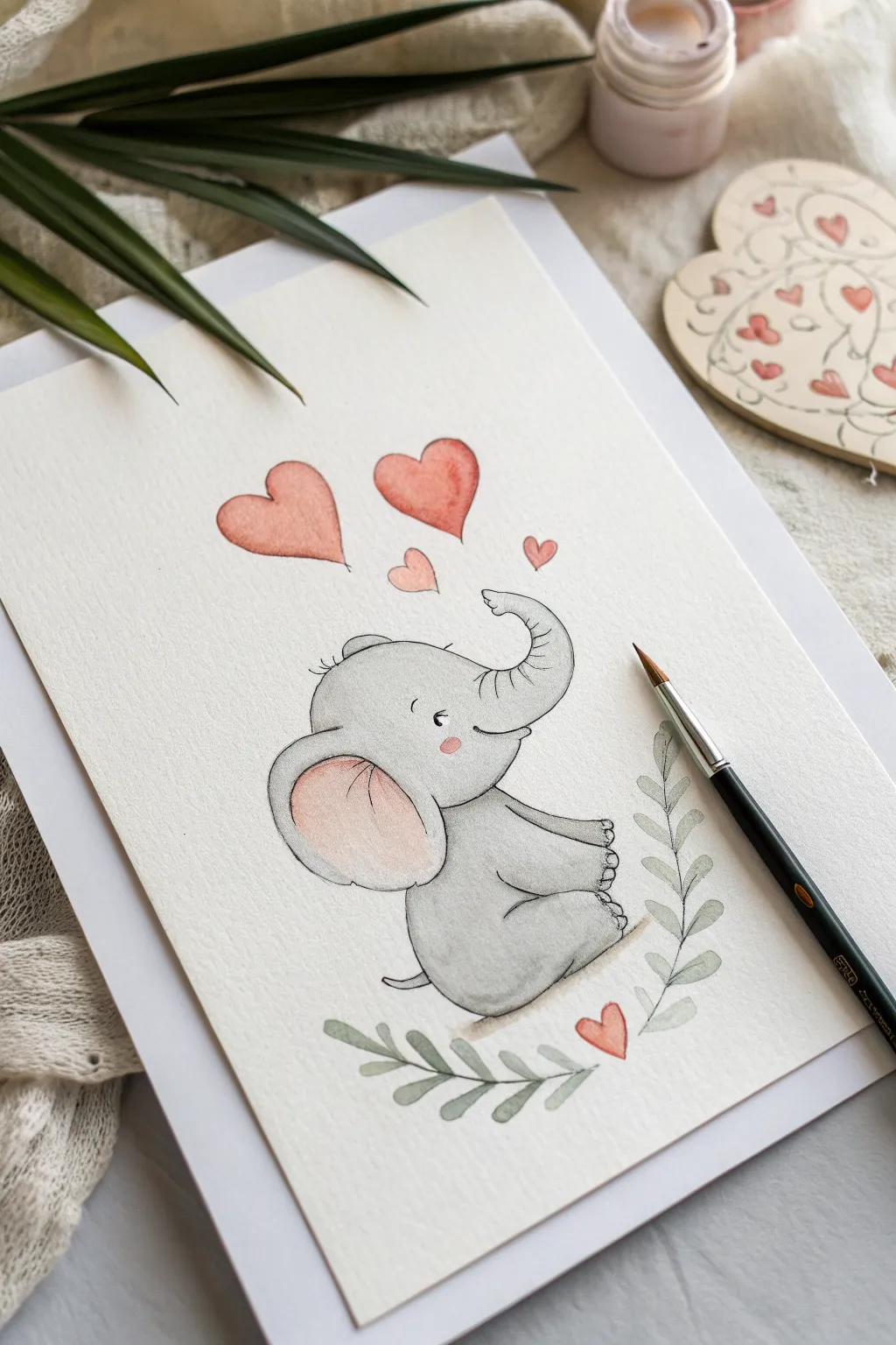 Sweet baby elephant hugging a heart, simple lines and soft washes for an easy, cozy drawing.