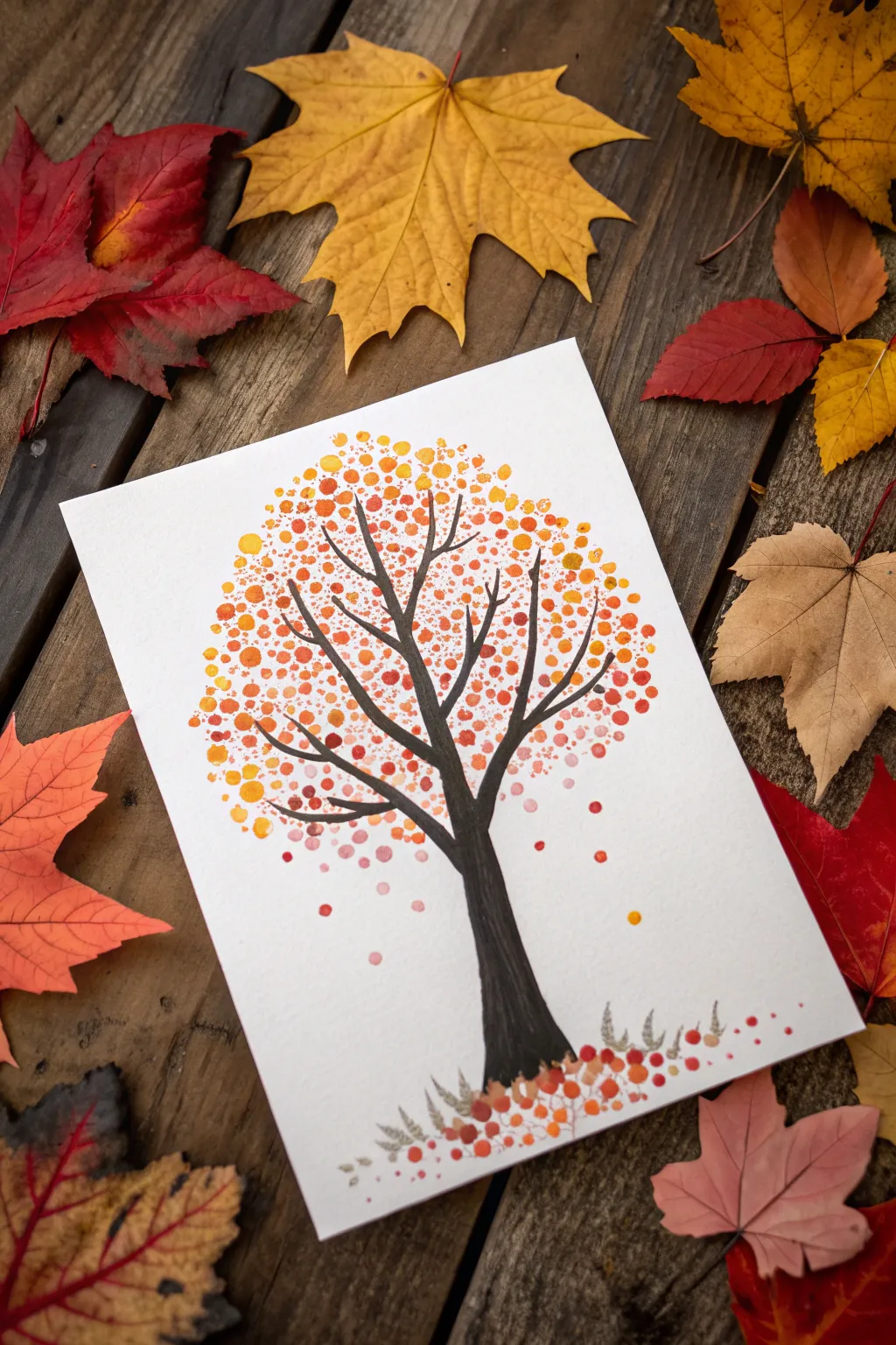 Candy-color Q-tip dotted fall tree with a dark trunk, clean minimal style, beginner-friendly