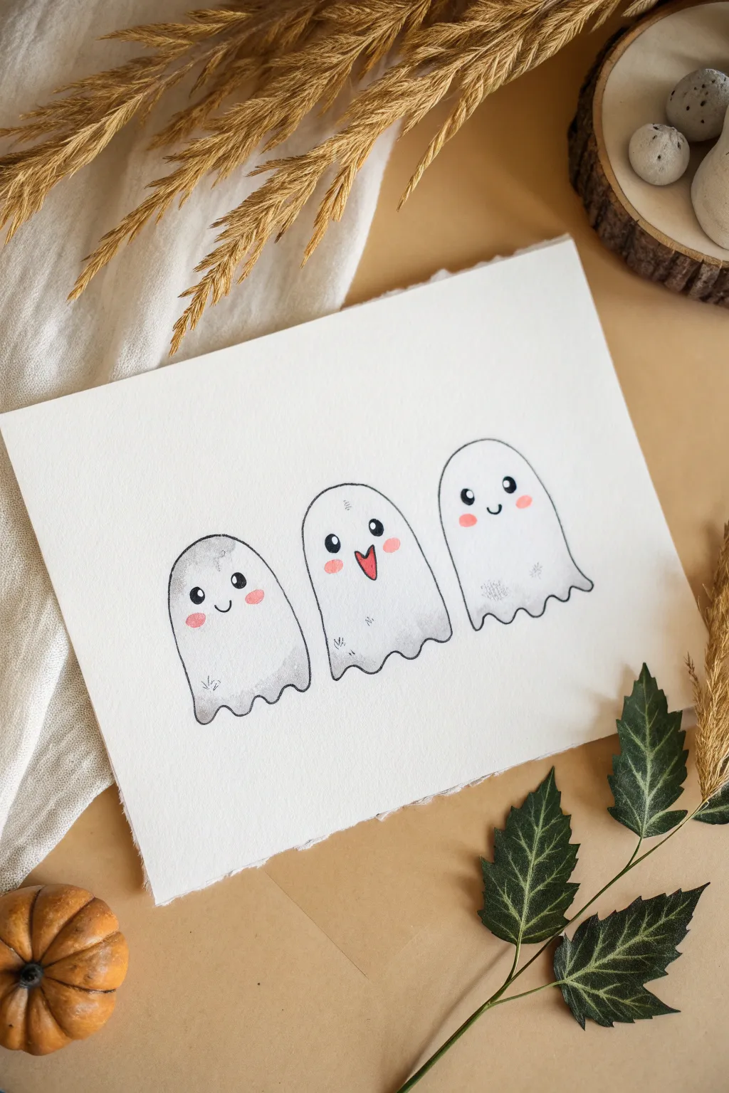 Paint three tiny ghosts in a sweet row, each with its own expression on warm minimalist paper.
