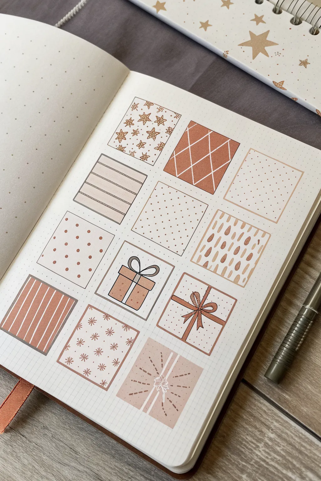 Patterned wrapping paper swatches with tiny gift icons and bows, minimalist and cute.