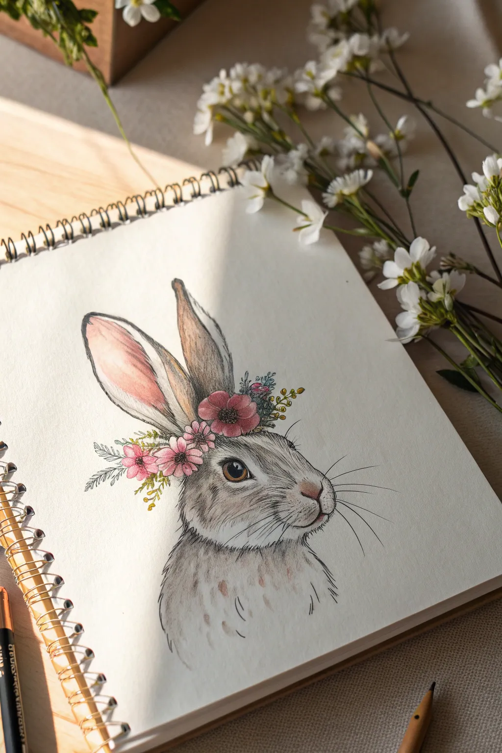 Cute bunny head with a layered flower crown, soft shading, and crisp lines for a hard draw idea