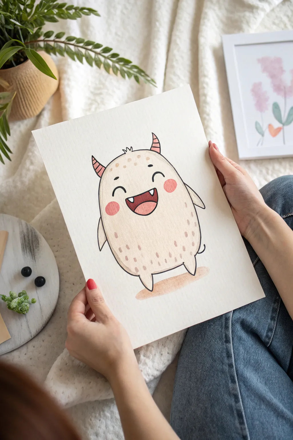 Snaggle-tooth grin monster: round, rosy-cheeked, and minimal for a sweet cute doodle idea
