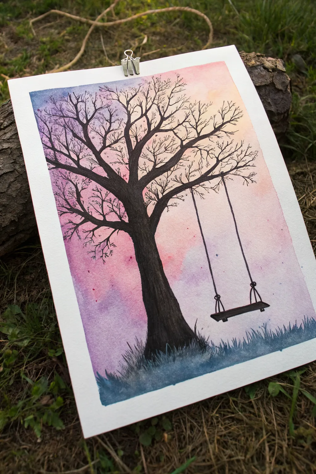 Minimal tree swing silhouette with a dreamy twilight pastel blend, simple, cute, and easy to draw