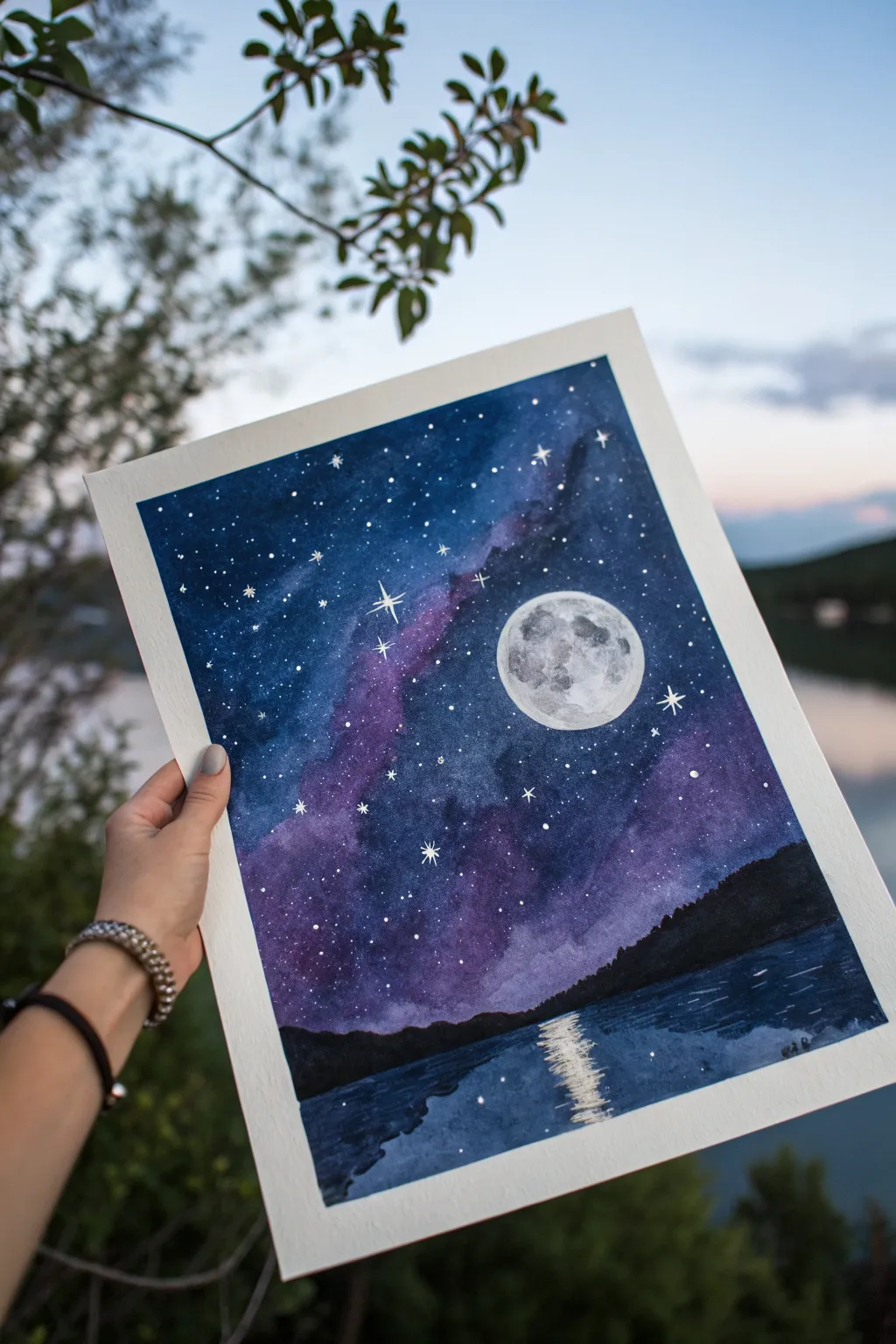 Sweet galaxy art idea for him: moonlit watercolor with stars and a heartfelt message