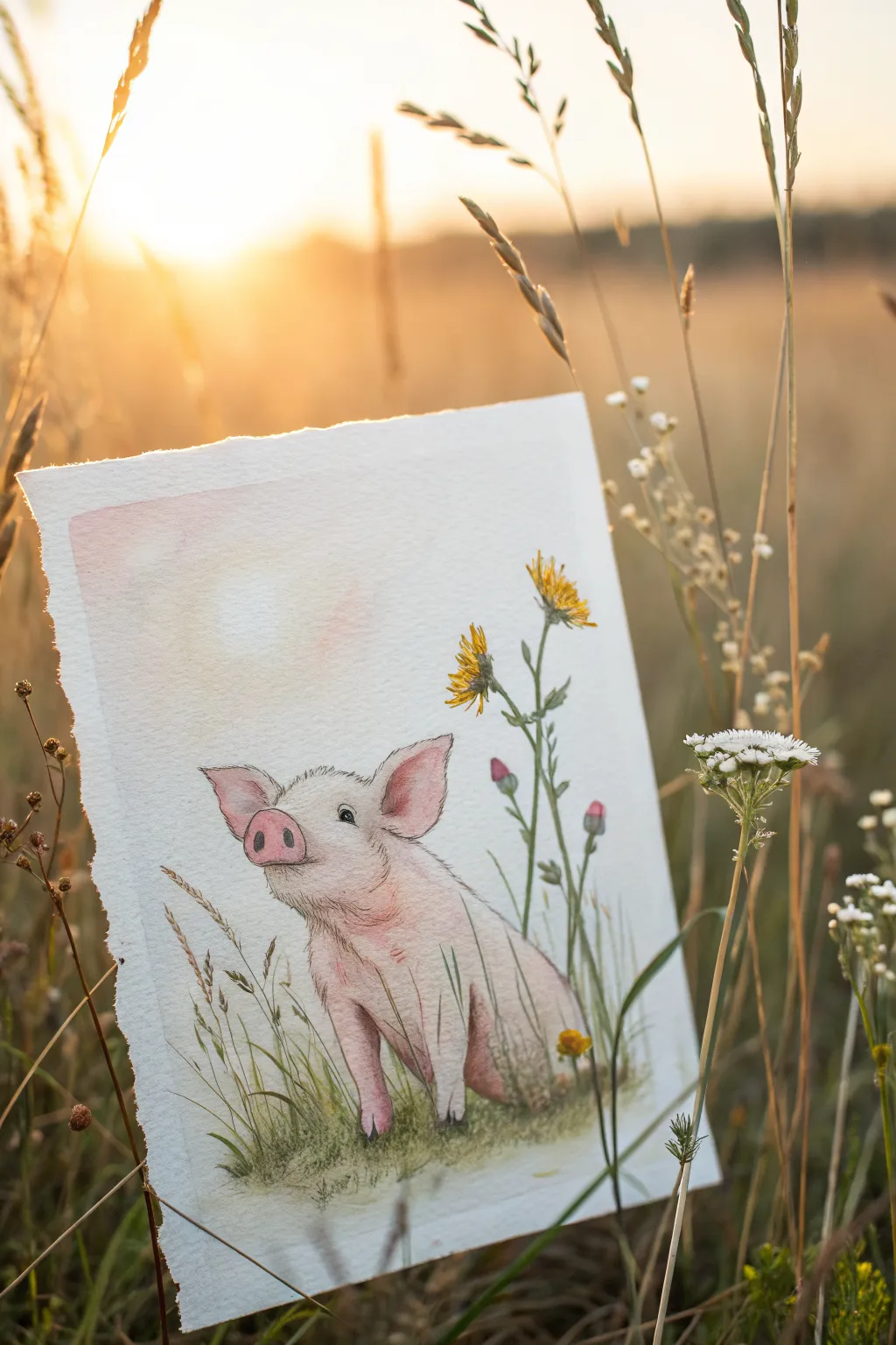Piglet in a sunny wildflower meadow, simple watercolor lines and soft Scandinavian calm
