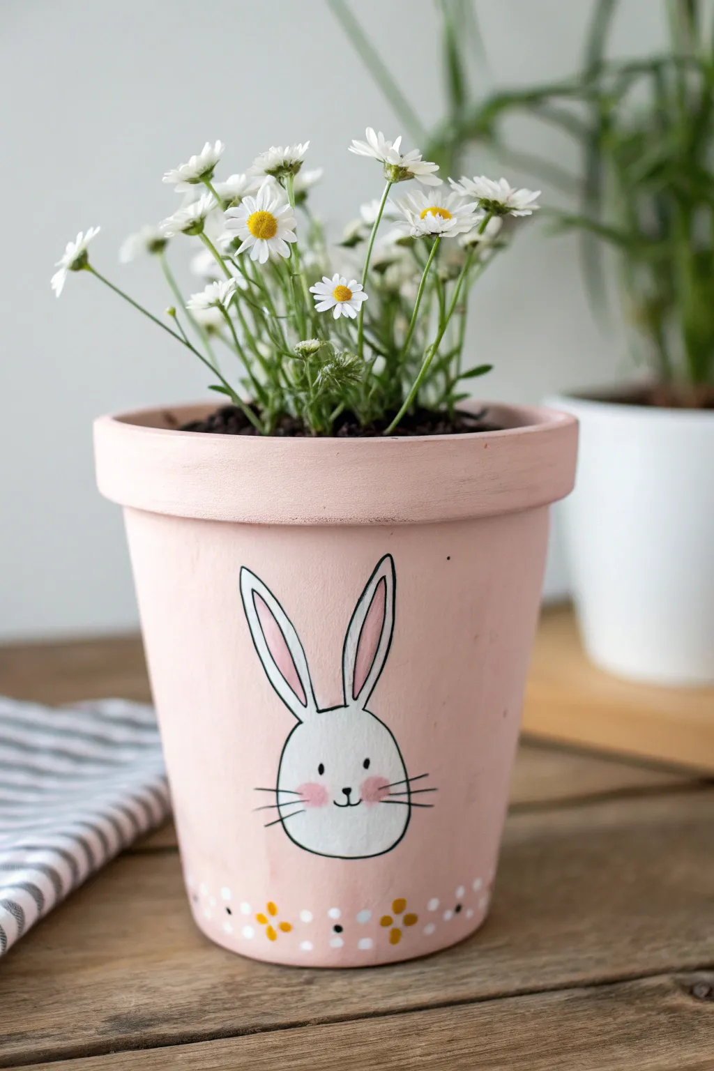 Paint a pale pink bunny pot with long ears and a tiny daisy sprig for sweet minimalist charm