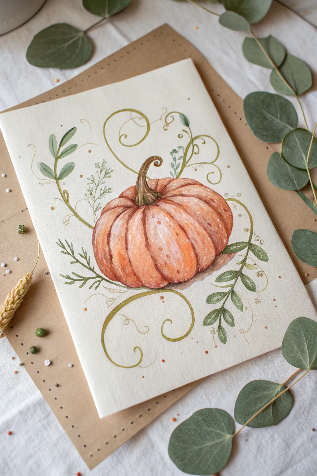 Minimalist cute pumpkin with curly vines, bouncy leaves, and tiny sparkles for extra charm