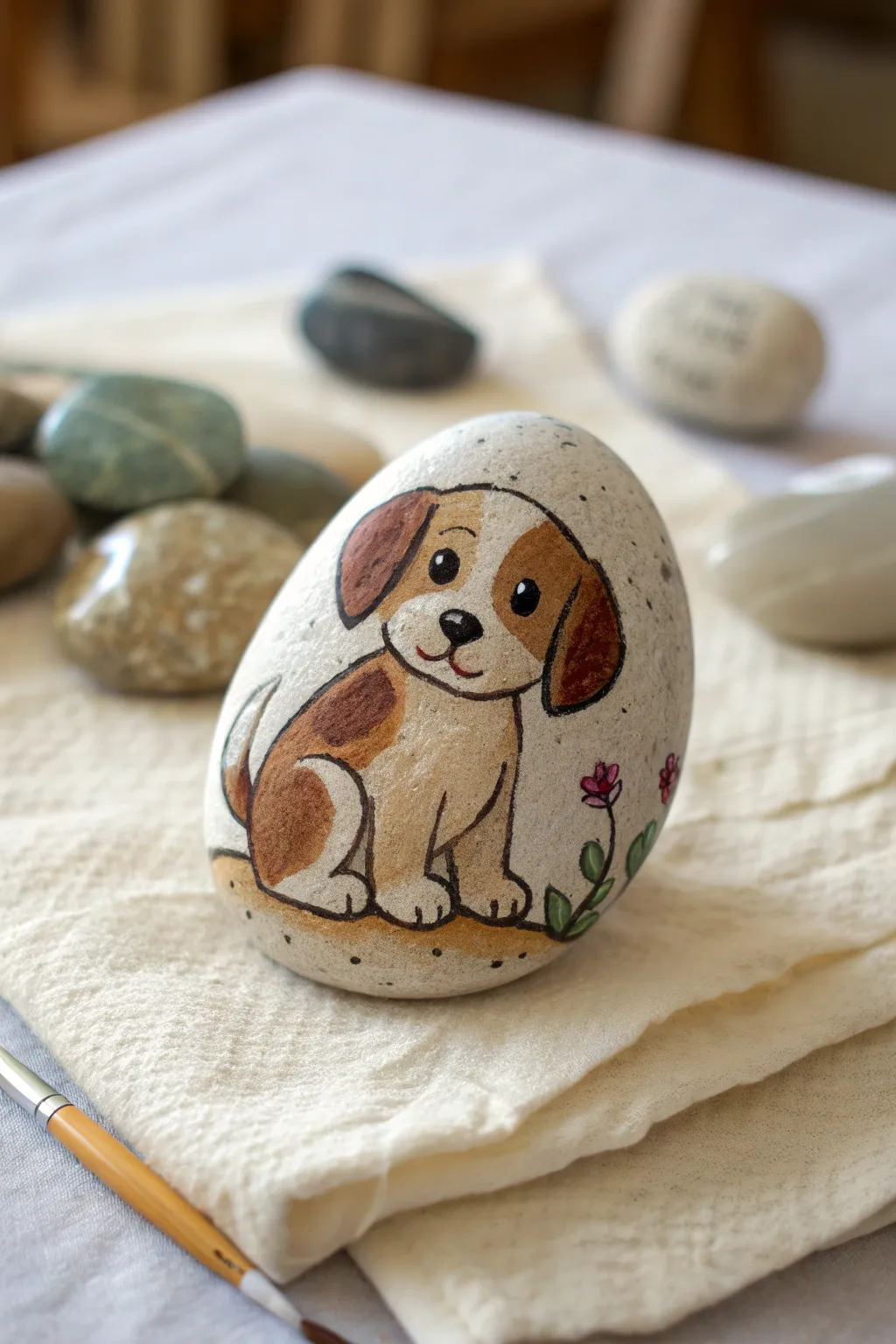 Paint a spot-and-snout puppy rock for a charming animal set in calm minimalist style
